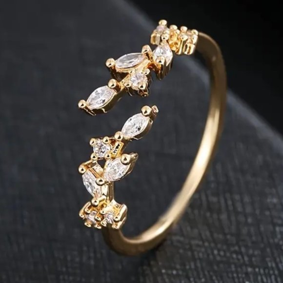 14K Yellow Gold Plated Leaf Zircon Open Ring Adjustable - Picture 1 of 2